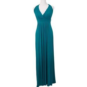 Avaleigh Turquoise Teal Blue Soft Stretchy Halter V-Neck Maxi Dress